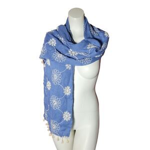 65" x 14.5" Floral Embroidered Summer scarf Blue